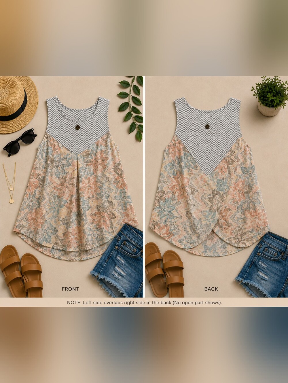 prAna Tank Top Large Boho Floral Geometric Split Back Overlap Lightweight Sleeve